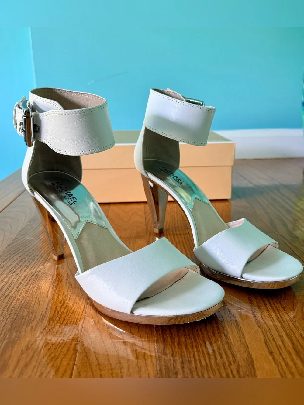 Michael Kors White Ankle-Strap Block Heel Sandals
